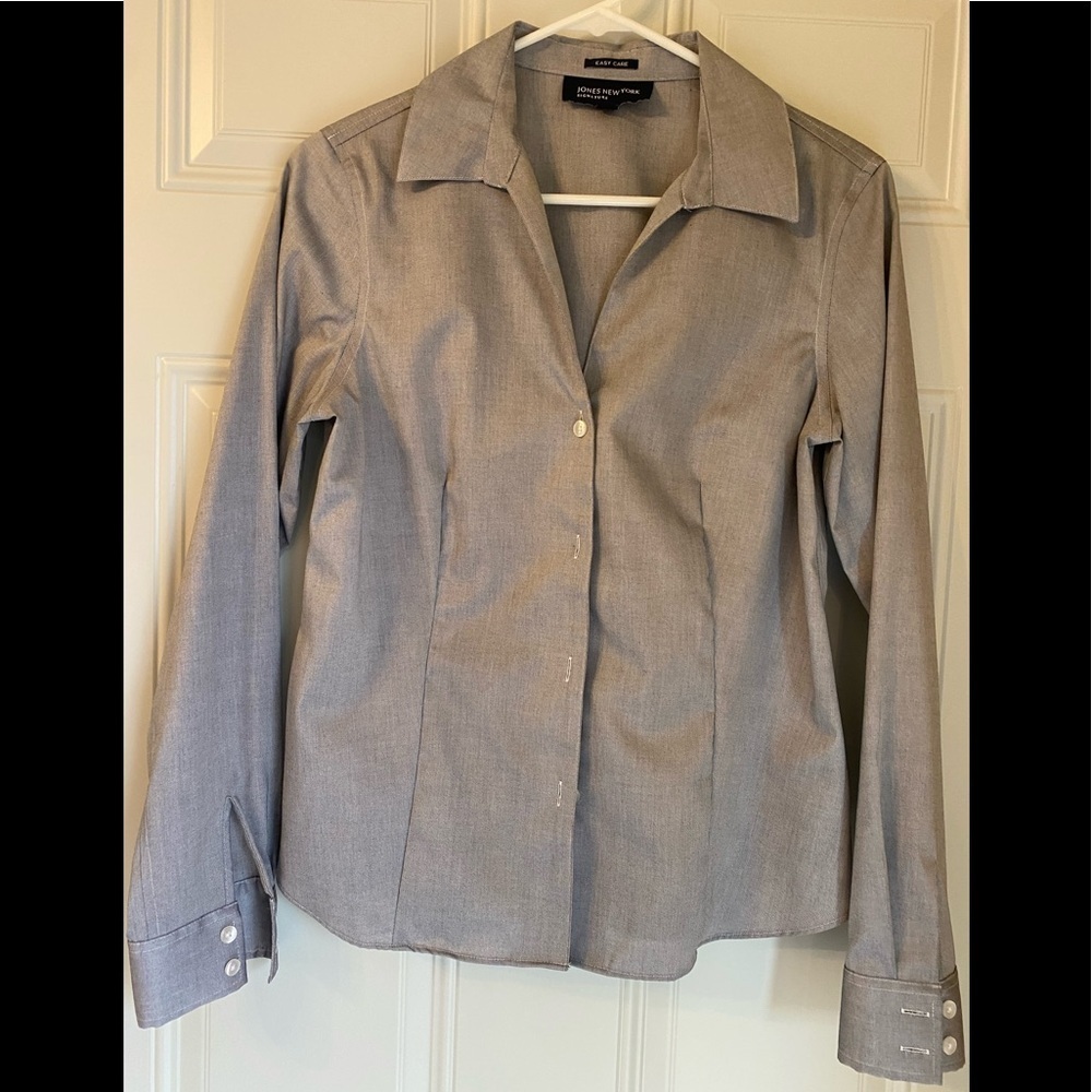 Jones New York Button Front Cotton Shirt Easy Care Wrinkle Free Office